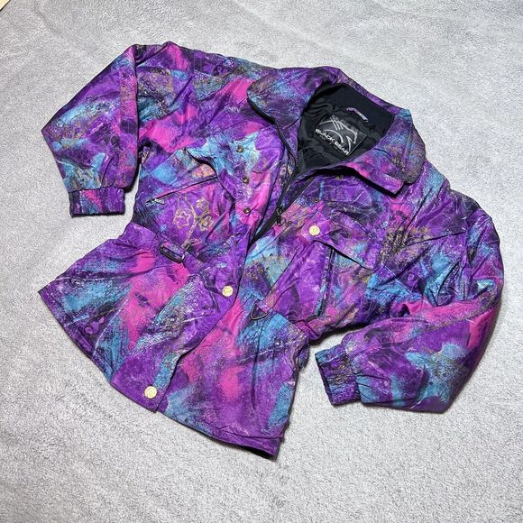 Vintage Black Bear Ski Jacket Womens 8 Purple Abstract Splash All Over Print 80s - Picture 4 of 13